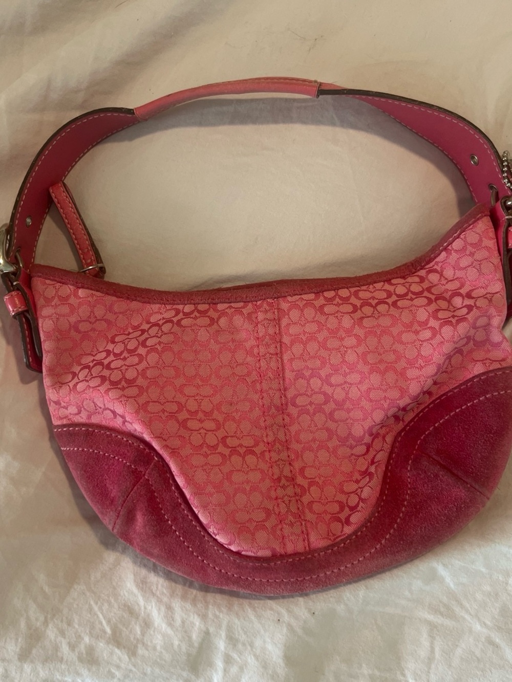 Rare Coach Pink Signature Canvas hobo small Shoulder Bag with Suede Trim